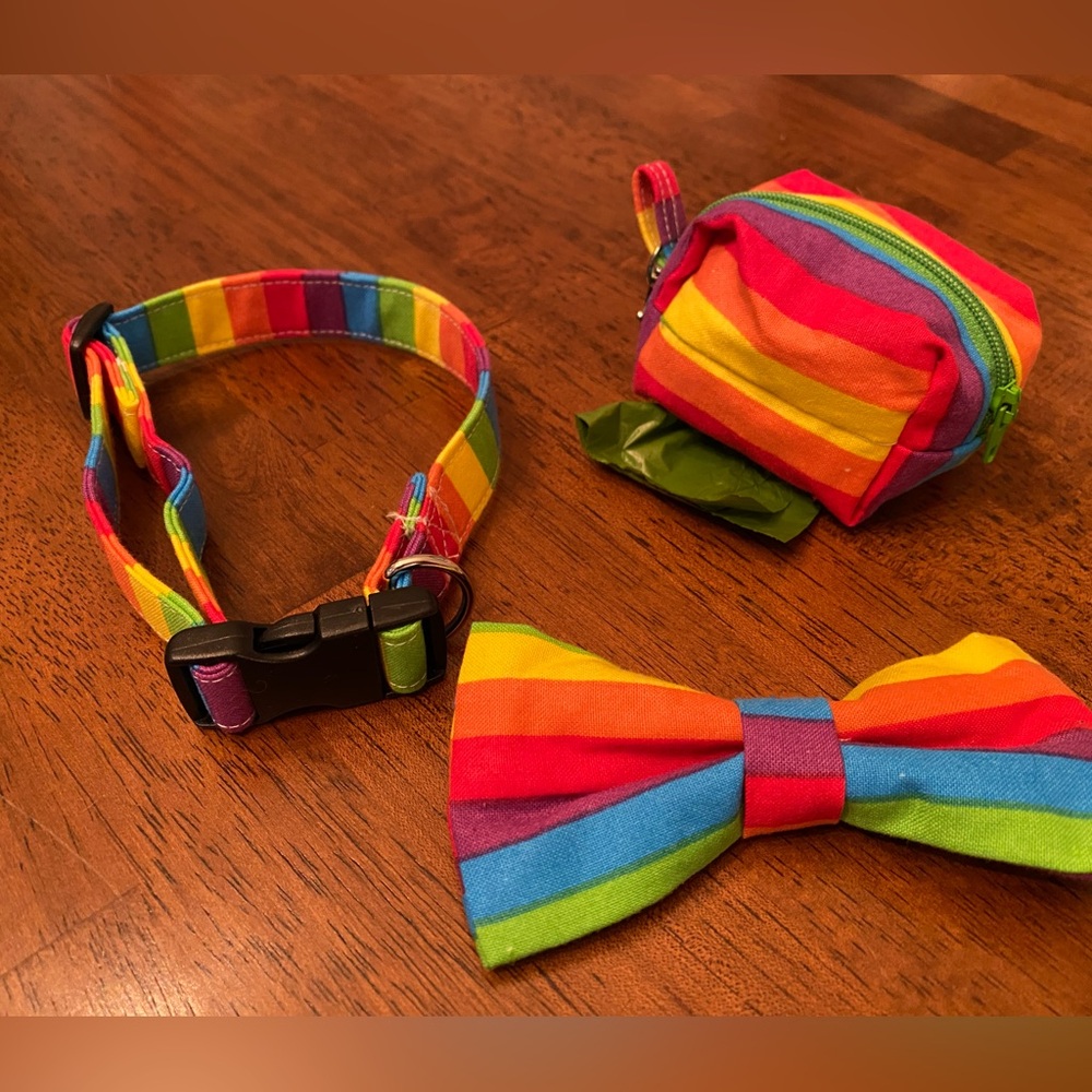 Dog collar, bow tie, and waste bag dispenser